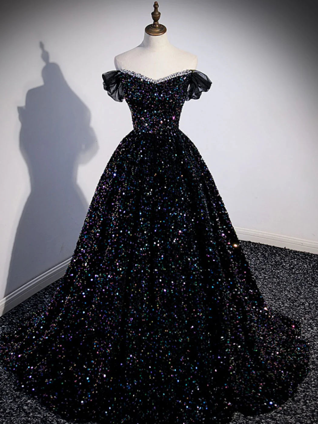 Wholesale A-Line Sequin Black Long Prom Dress Off Shoulder Black Evening Dress gowns evening dresses